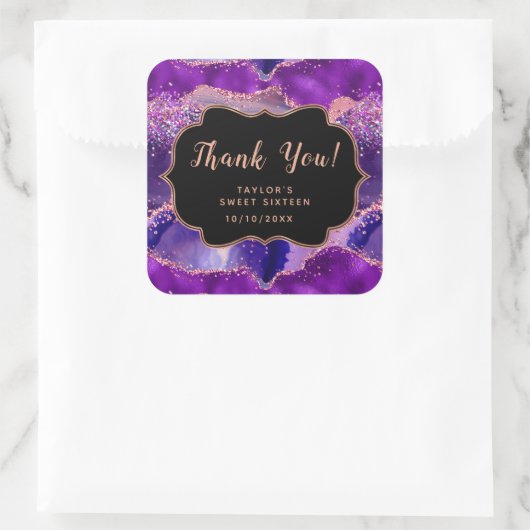Paarse roze pailletten agaat zoet zestien dank u vierkante sticker (Tas)