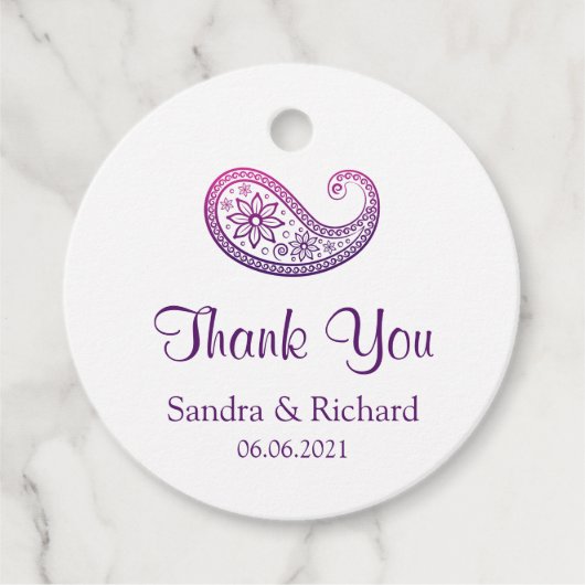 Paarse & Roze Paisley Indiase bruiloft dank u Bedankjes Labels (Voorkant)