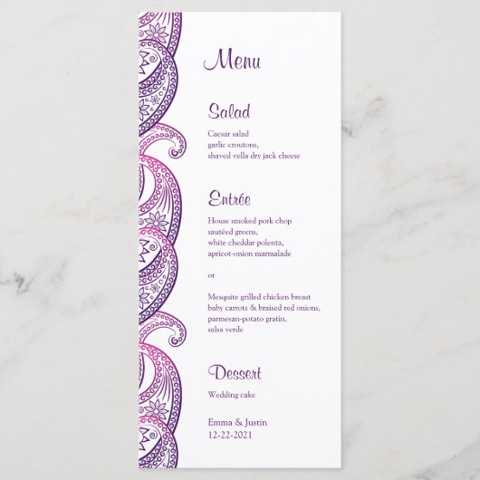 Paarse & Roze Paisley Indiase bruiloft Rackcard Menu (Voorkant)