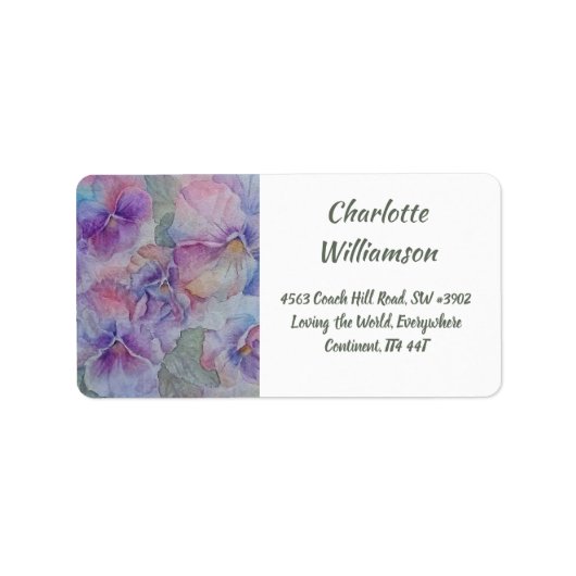 Paarse Roze Pansy Flowers in Waterverf Adres Etiket (Voorkant)