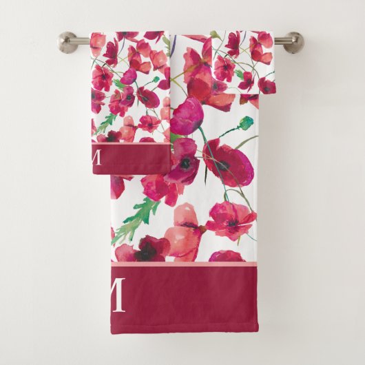Paarse roze papies Galore Pattern Bath Set Bad Handdoek (Insitu)