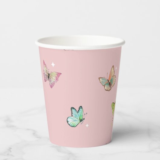 Paarse roze pastelvlinder papieren bekers (Achterkant)