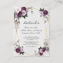Paarse Roze Pioen Bloemen Gouden Trouwdetails Informatiekaartje