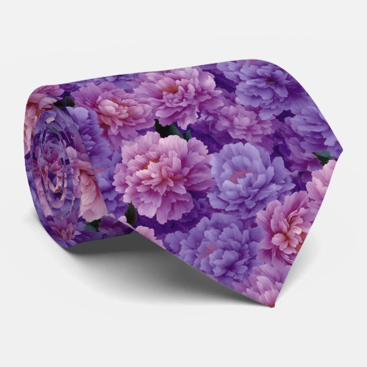 Paarse Roze Pioen Bloemmotief Stropdas (Opgerold)