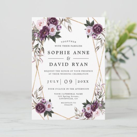 Paarse Roze Pioen Roze Goud All In One Trouwen Kaart (Staand voorkant)