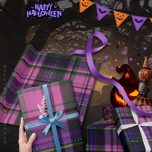 Paarse & Roze Plaid Halloween inpakpapier