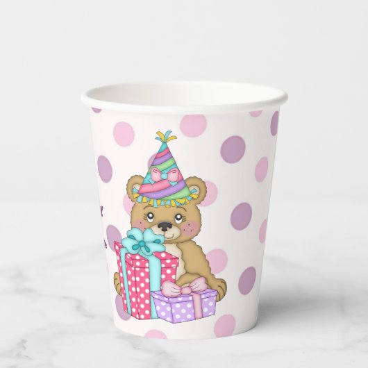 Paarse Roze Polka Dot Beer Verjaardag Papieren Bekers (Achterkant)