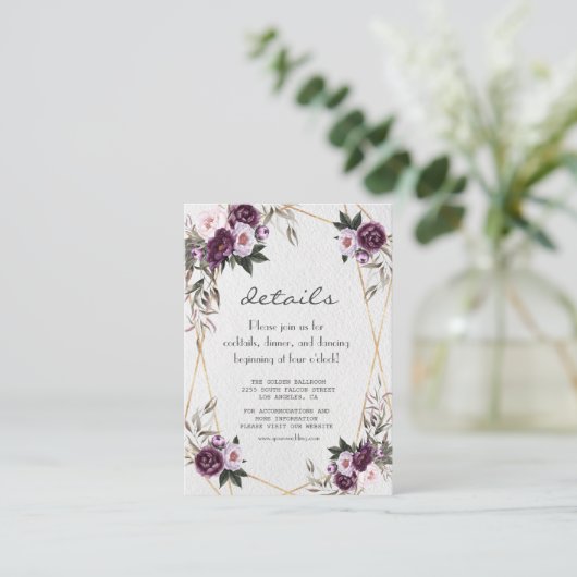 Paarse roze pony Flowers Gold Weddenschap - Gegeve Informatiekaartje (Staand voorkant)