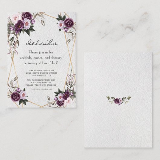 Paarse roze pony Flowers Gold Weddenschap - Gegeve Informatiekaartje (Voorkant / Achterkant)