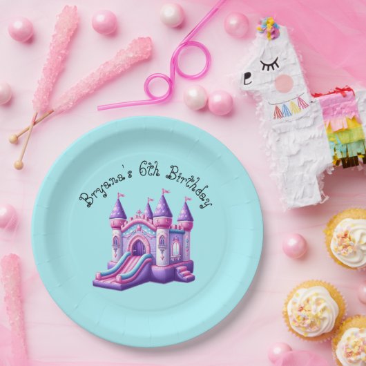 Paarse Roze Prinses Kasteel Bounce House Party Papieren Bordje (Feest)