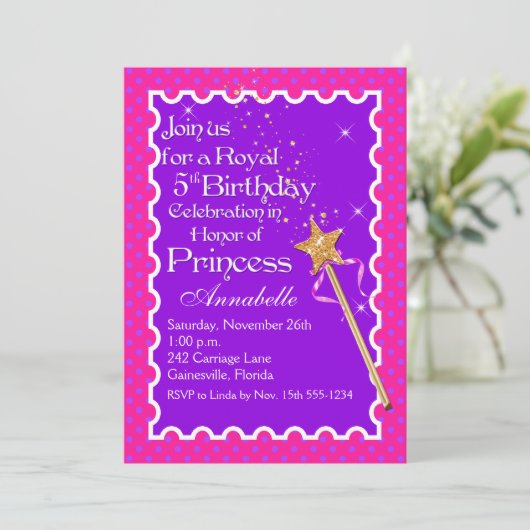 Paarse, roze prinses party Birthday uitnodiging (Staand voorkant)