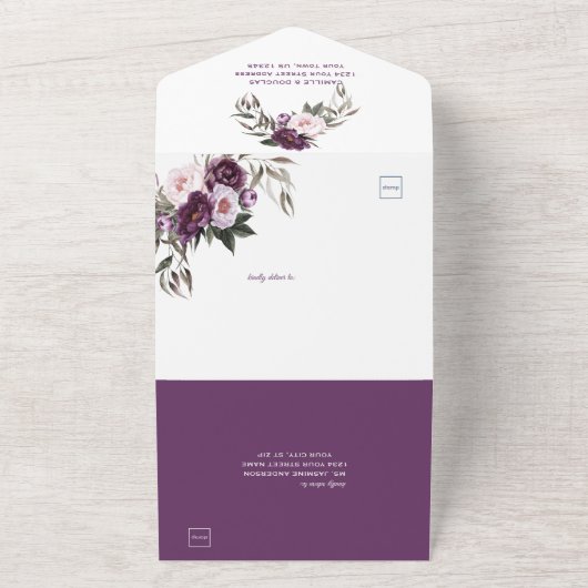 Paarse roze pruimdennen bruiloft | all in one uitnodiging (Buitenkant)
