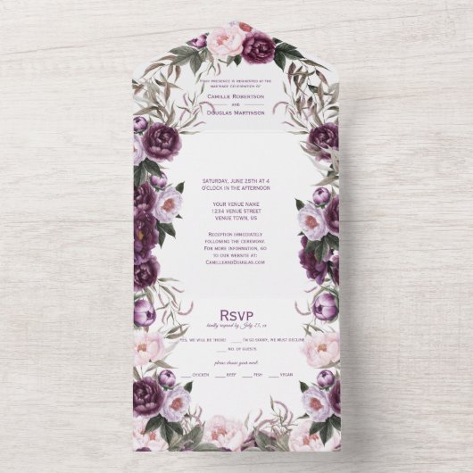 Paarse roze pruimdennen bruiloft | all in one uitnodiging (Binnen)