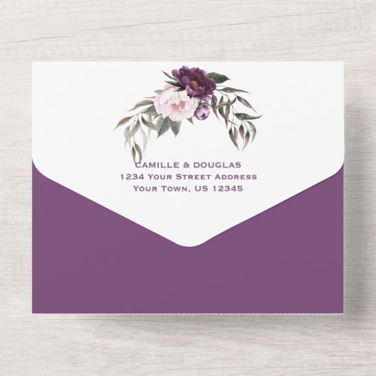 Paarse roze pruimdennen bruiloft | all in one uitnodiging (Achterkant)