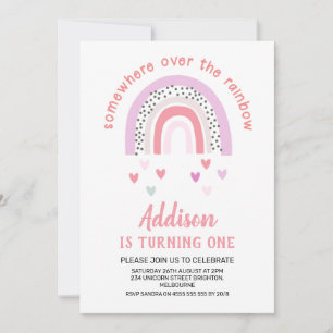 Paarse roze regenboog eerste verjaardag uitnodigin kaart