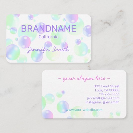 Paarse roze regenboogzeep blaasjes dun kleurrijk visitekaartje (Voorkant / Achterkant)