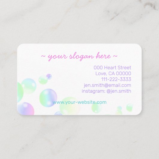 Paarse roze regenboogzeep blaasjes dun kleurrijk visitekaartje (Achterkant)