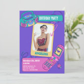Paarse Roze Retro Y2K Fotoverjaardag Kaart (Staand voorkant)