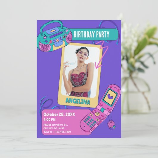 Paarse Roze Retro Y2K Fotoverjaardag Kaart (Staand voorkant)