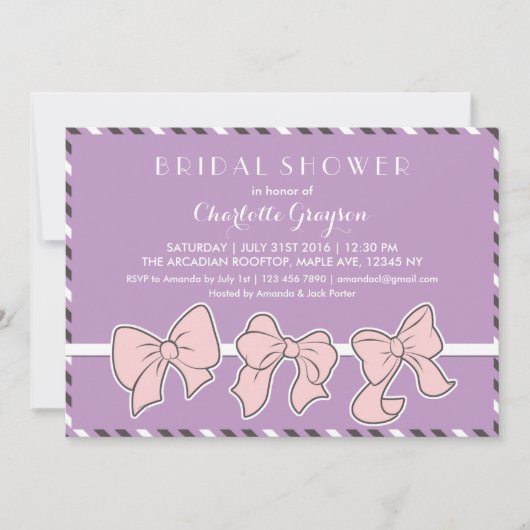 Paarse roze ribbons Bows Bridal Shower Invitation Kaart (Voorkant)