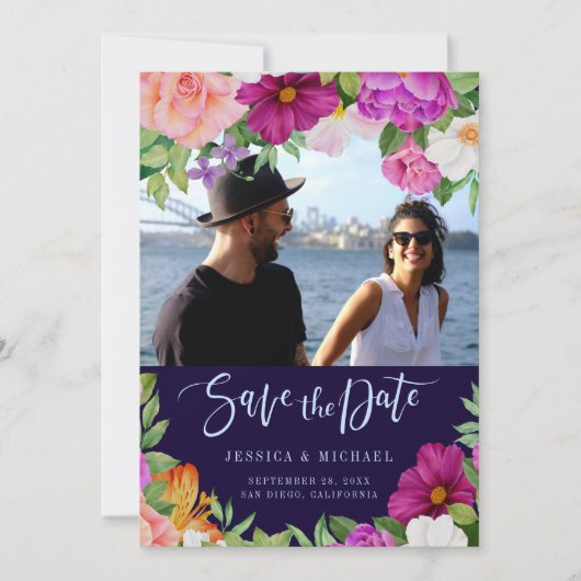 Paarse Roze Rich Bouquets Floral Weduwfoto Save The Date (Voorkant)