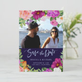 Paarse Roze Rich Bouquets Floral Weduwfoto Save The Date (Staand voorkant)