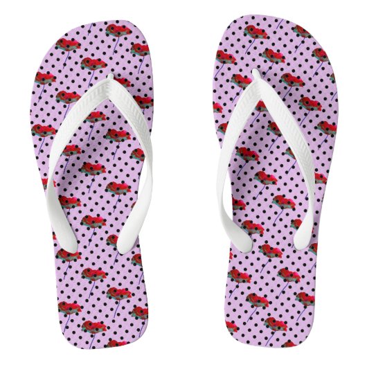 Paarse roze rode bloem en zwarte polka-stippen teenslippers (Voetbed)