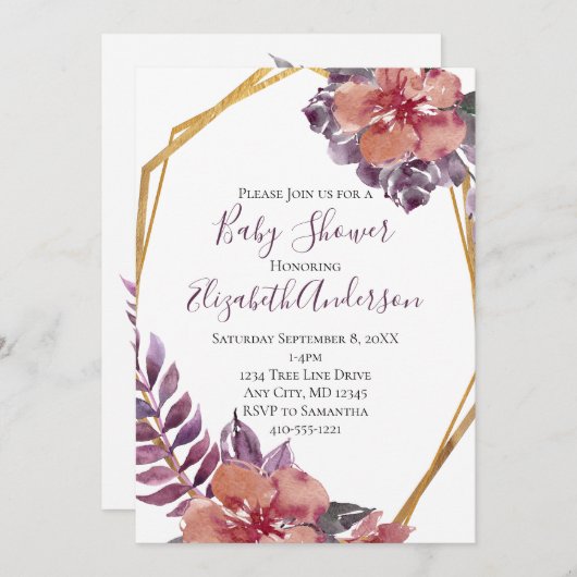 Paarse Roze Rode Bloemen Goud Lijst Baby shower Kaart (Voorkant / Achterkant)