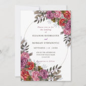 Paarse roze rode roos huwelijksuitnodiging kaart (Voorkant)