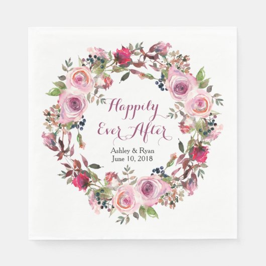 Paarse roze roos bloemenkrans bruiloft servetten (Voorkant)