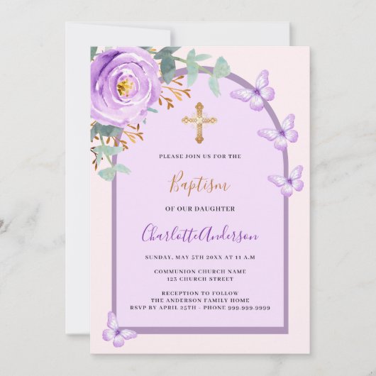 Paarse roze roos bloemenvlinders boogdoop kaart (Voorkant)