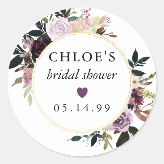 Paarse Roze Roos Bloemige Bruidsdouche Favorietie Ronde Sticker (Voorkant)