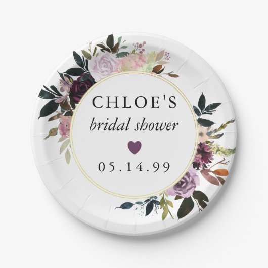 Paarse Roze Roos Bloemige Bruidsdouche Papieren Bordje (Voorkant)