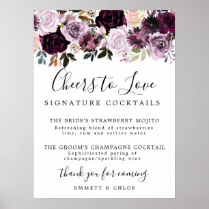 Paarse Roze Roos Signature Cocktails Trouwbord Poster