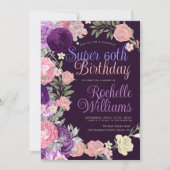 Paarse Roze Roos Super 60ste Verjaardagsviering Kaart (Voorkant)