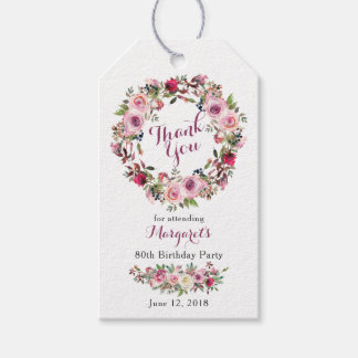 Paarse Roze Rose Bloemen 80ste Verjaardag Dank u Cadeaulabel