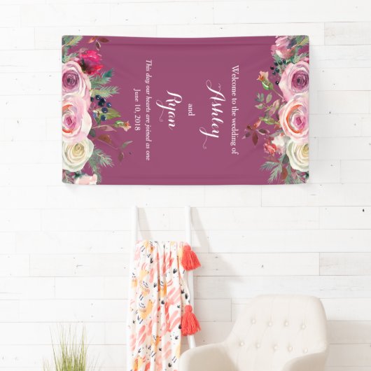Paarse Roze Rose Bloemen Bruiloft Welkom Spandoek (Insitu)