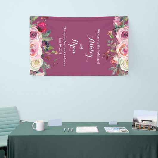 Paarse Roze Rose Bloemen Bruiloft Welkom Spandoek (Beurs)