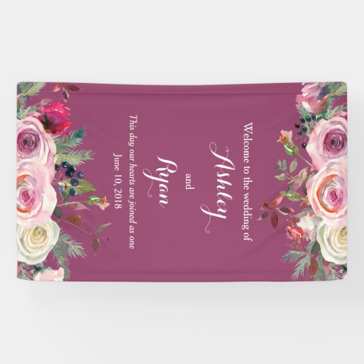 Paarse Roze Rose Bloemen Bruiloft Welkom Spandoek (Horizontaal)