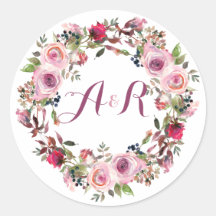 Paarse Roze Rose Bloemen Monogram Bruiloft