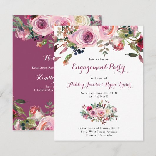 Paarse Roze Rose Bloemen Verlovingsfeest Kaart (Voorkant / Achterkant)