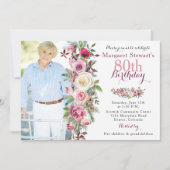 Paarse roze Rose Foto 80th Birthday Kaart (Voorkant)