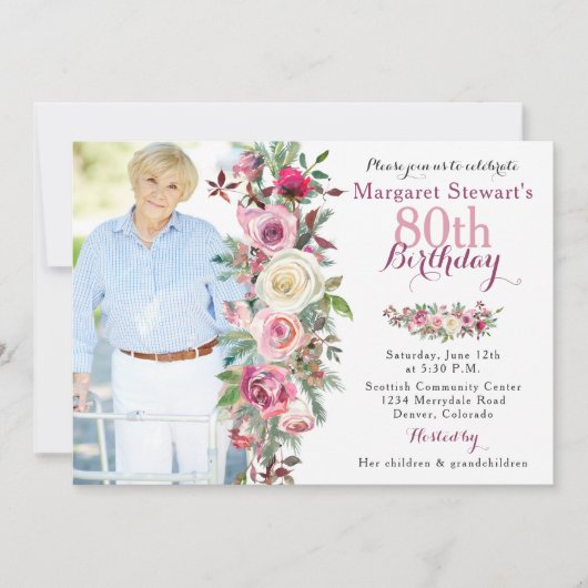 Paarse roze Rose Foto 80th Birthday Kaart (Voorkant)