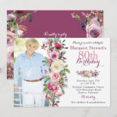 Paarse roze Rose Foto 80th Birthday Kaart (Voorkant / Achterkant)