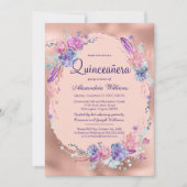  Paarse Roze Rose Goud Bloemen Quinceañera Kaart (Voorkant)