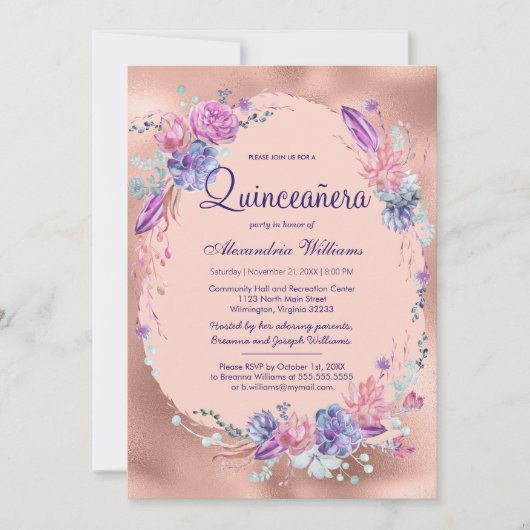  Paarse Roze Rose Goud Bloemen Quinceañera Kaart (Voorkant)