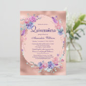  Paarse Roze Rose Goud Bloemen Quinceañera Kaart (Staand voorkant)