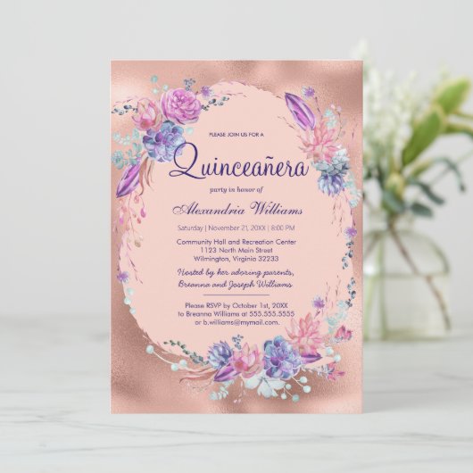  Paarse Roze Rose Goud Bloemen Quinceañera Kaart (Staand voorkant)