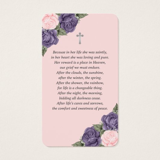 Paarse roze Roses Silver Cross Funeral Prayer Kaar Visitekaartje (Achterkant)