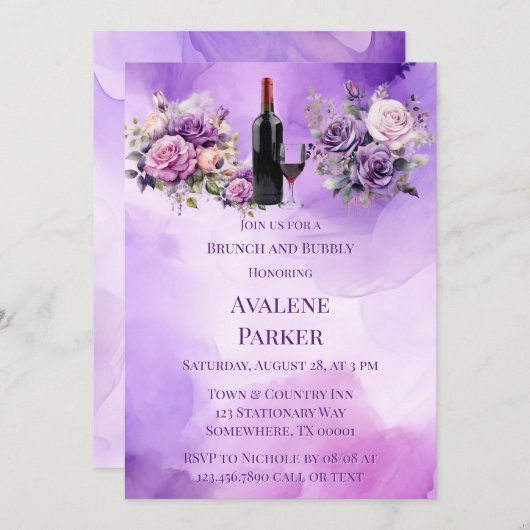 Paarse Roze Roze Alcohol Tuin Brunch & Bubbly Kaart (Voorkant / Achterkant)